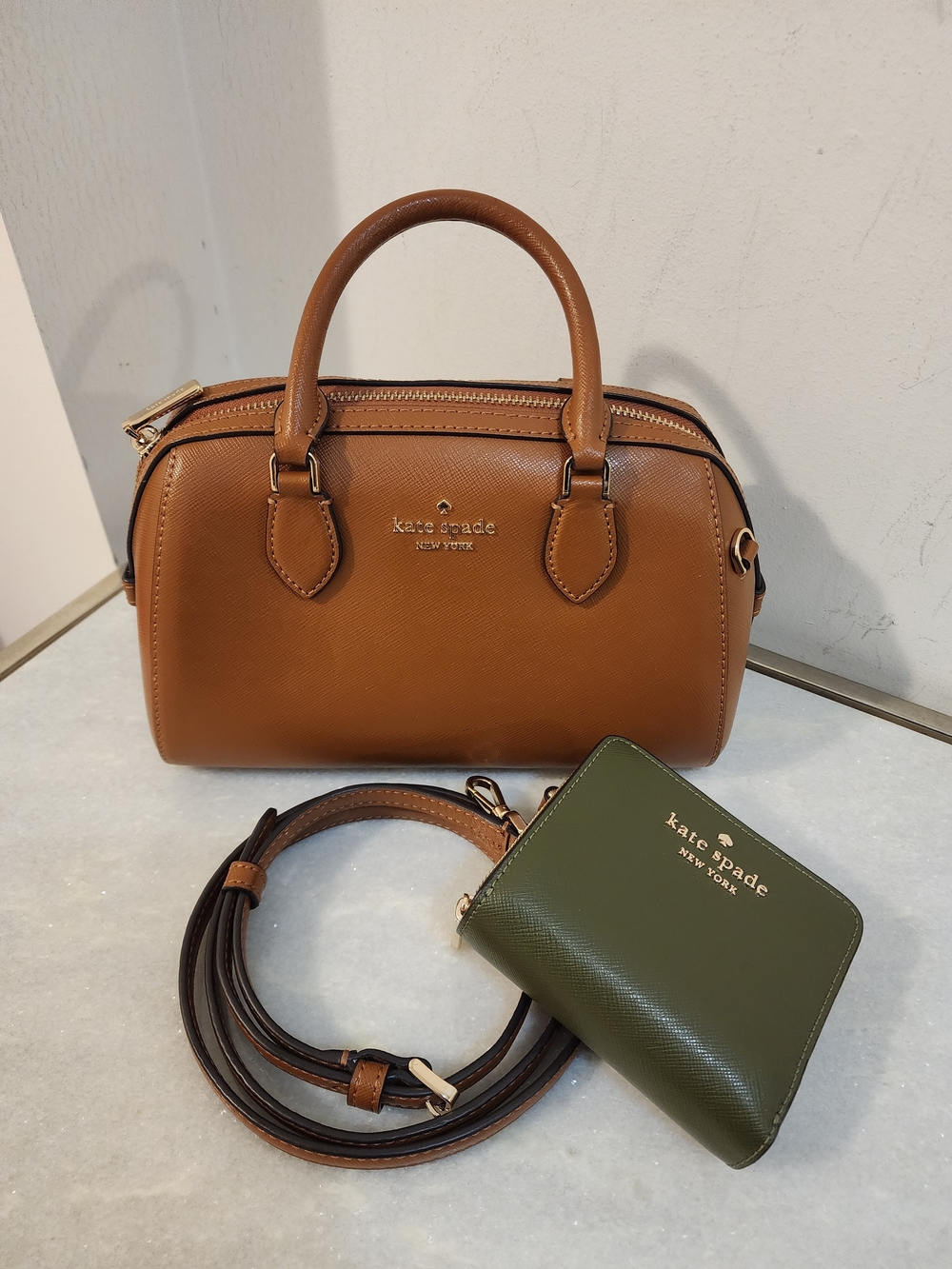 Kate Spade Brown Saffiano Leather Dome Satchel with Olive Card Wallet